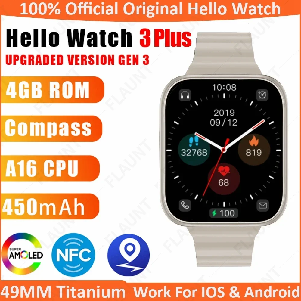 

New Original Hello Watch 3 Plus AMOLED 4GB RON Smartwatch Ultra NFC Compass Bluetooth Call Clock TWS Music Smart Watches For Men