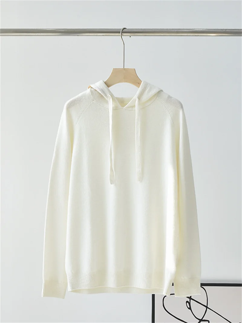 

2023 Autumn and Winter New Women White 100% Cashmere Letter Printed Hooded Sweater Ladies Loose Comfortable Knit Pullover