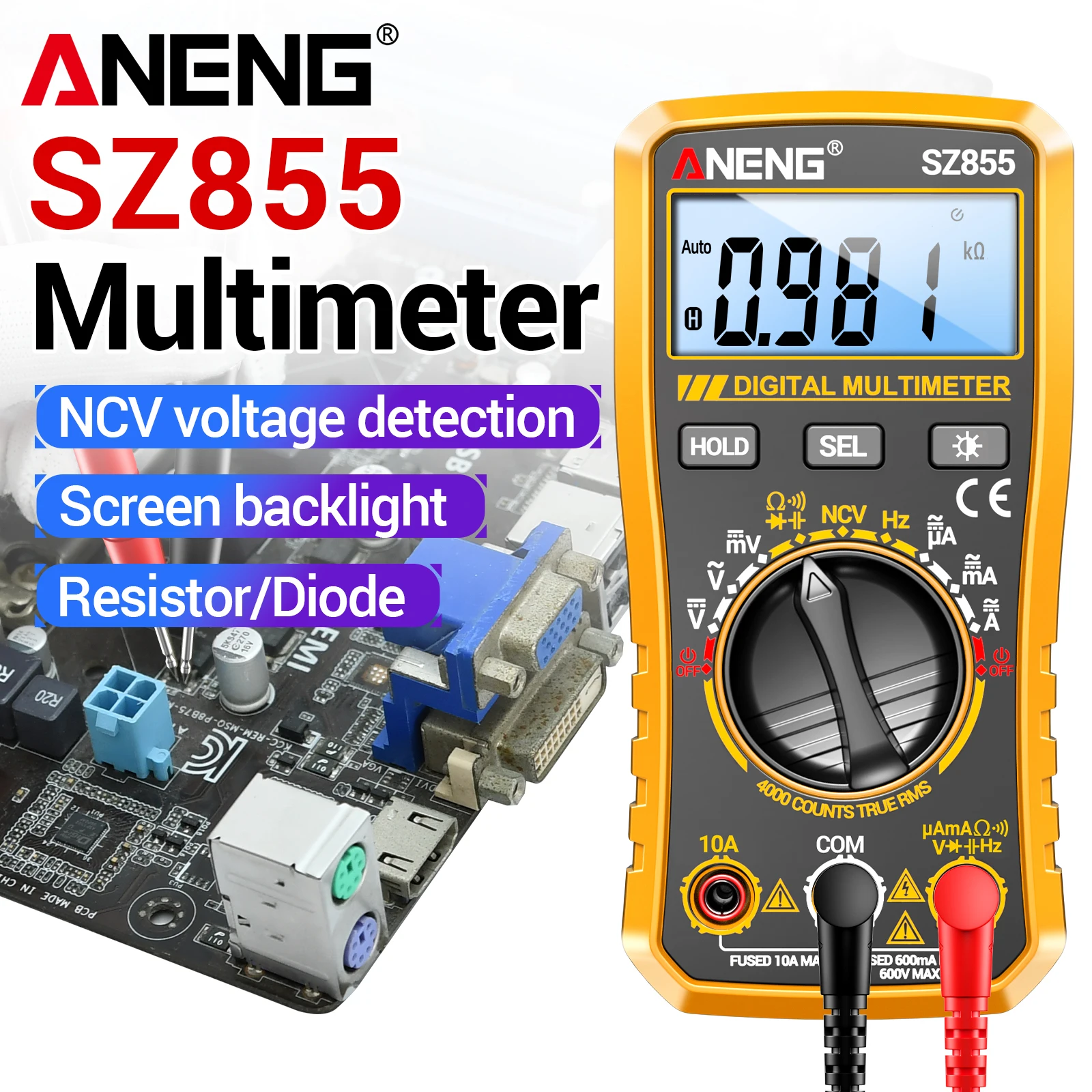 ANENG SZ855 디지털 멀티미터 4000워드 카운팅 NCV 비접촉식 AC/D..