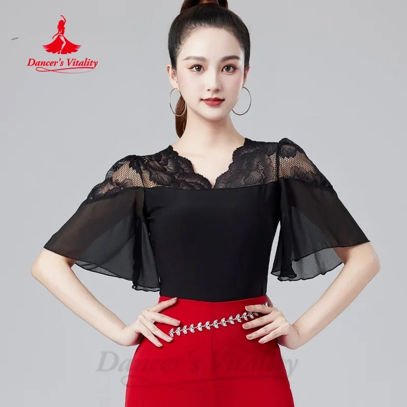 

Latin Dancing Modern Dance Costumes Customization Black Sexy Lace Flared Sleeve Top Adult Tango ChaCha Samba Practice Clothes