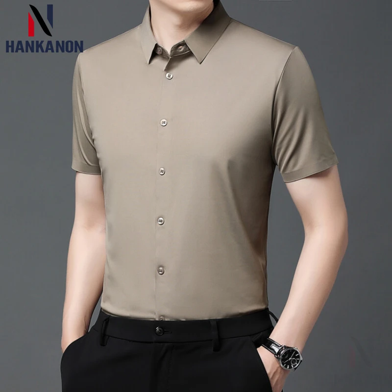 

Elastic Men's Solid Color Short Sleeve Shirt, Business Casual Breathable, Stretchable, Abrasion-Resistant Short Sleeve Shirt.