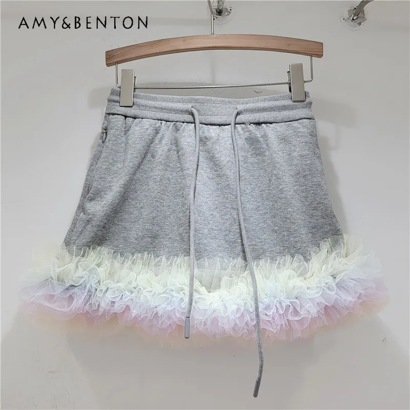 2024 Summer New Skirts Yarn Lace Stitching Drawstring Elastic Waist Slimming Youthful-Looking Pure Color Style Skirt For Women