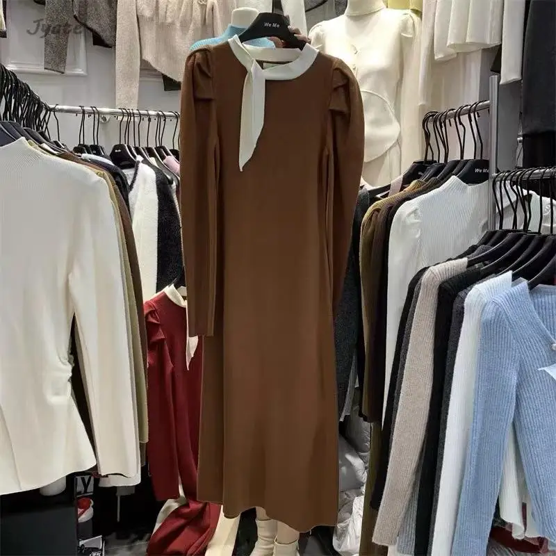 

2023 Autumn Knitwear Fashion Women Dress Winter Patchwork Half High Neck Bow Knit Midi Dress French Vestidos Fall Fashion Korean