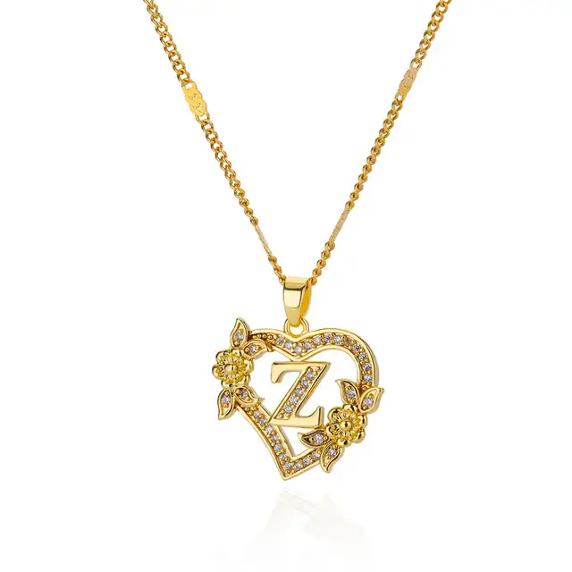 Colliers avec initiales de cœur et de fleur en Zircon pour femmes, en acier inoxydable, pour amoureux du cœur, couleur or, chaîne avec lettres, bijoux