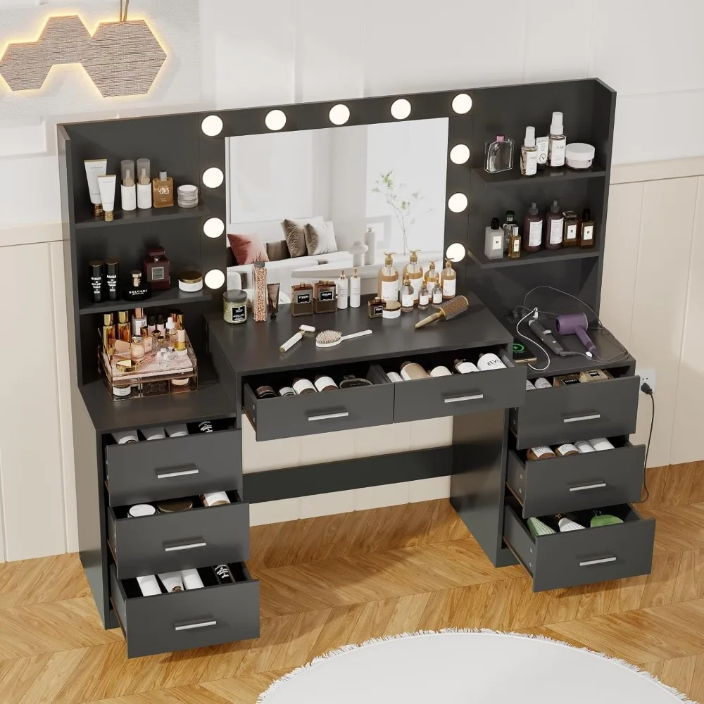 61.9‘’L Vanity Desk with Mirror & Lights, Charging Station, Makeup Desk with Drawers & Open Storage Shelves,Bedroom Vanity Table 3