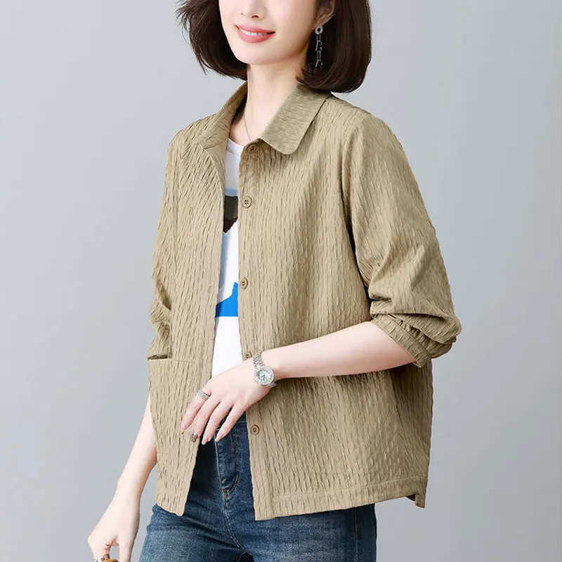 Commute Turn-down Collar Blouse Female Clothing Solid Color Long Basic Sleeve Spring Autumn Loose Fashion Pockets Spliced Shirt