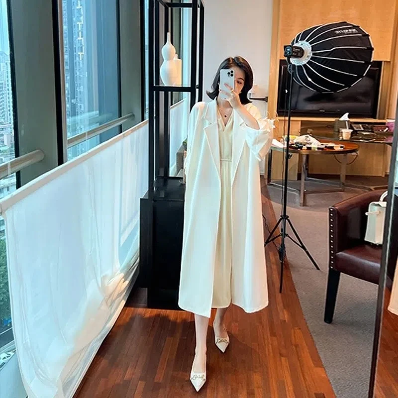 

Spring Autumn New Dress Long-Sleeved Design High-End 2022 Fashion Elegant Shirt Dress+Windbreaker Coat Female Loose Trench Suits
