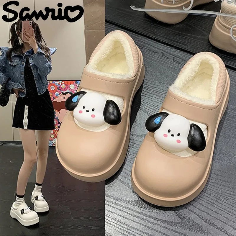 

2023 Sanrio Pachacco EVA Slippers Women Plush Plus Velvet Keep Warm Soft Comfort Light New Kawaii Cartoon Anime Shoe Bread Shoes