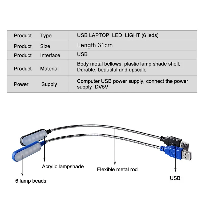 Two Colors Mini Portable USB LED Book Light Flexible Reading Table Lamp 6pcs Leds USB Lamp for Laptop Notebook PC Computer led light book light mini led light