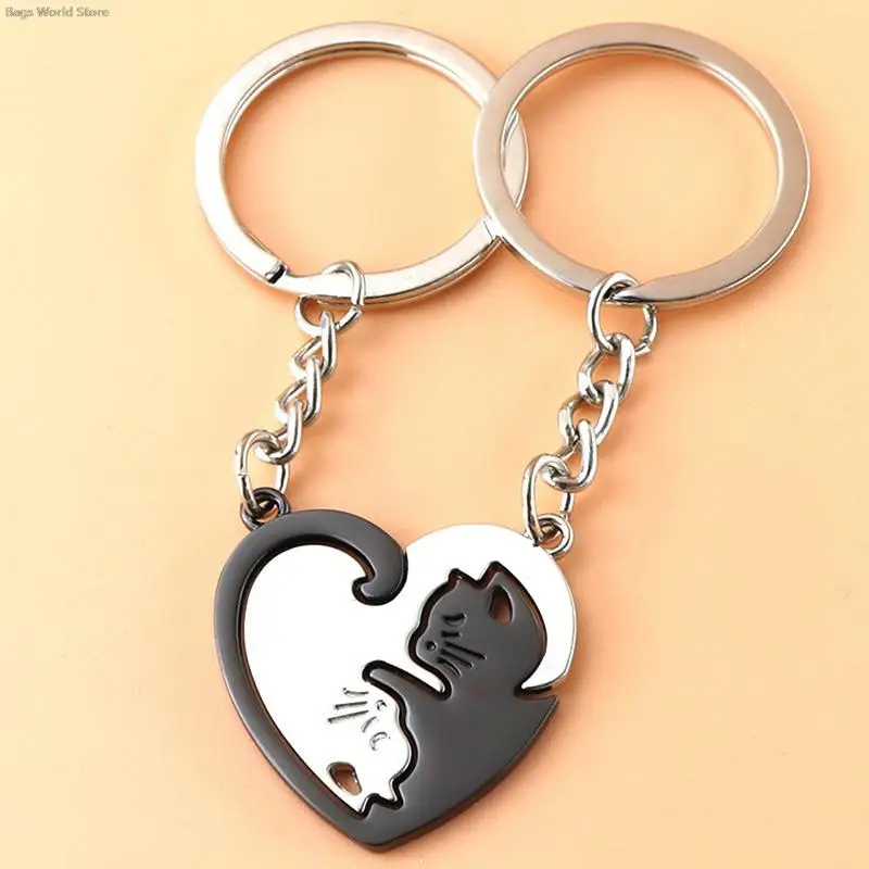 

1Pair Cute Black Cat Keychain Patchwork Heart Round Couple Lovers Keyring Stainless Steel Backpack Key Ring Hanging Jewelry