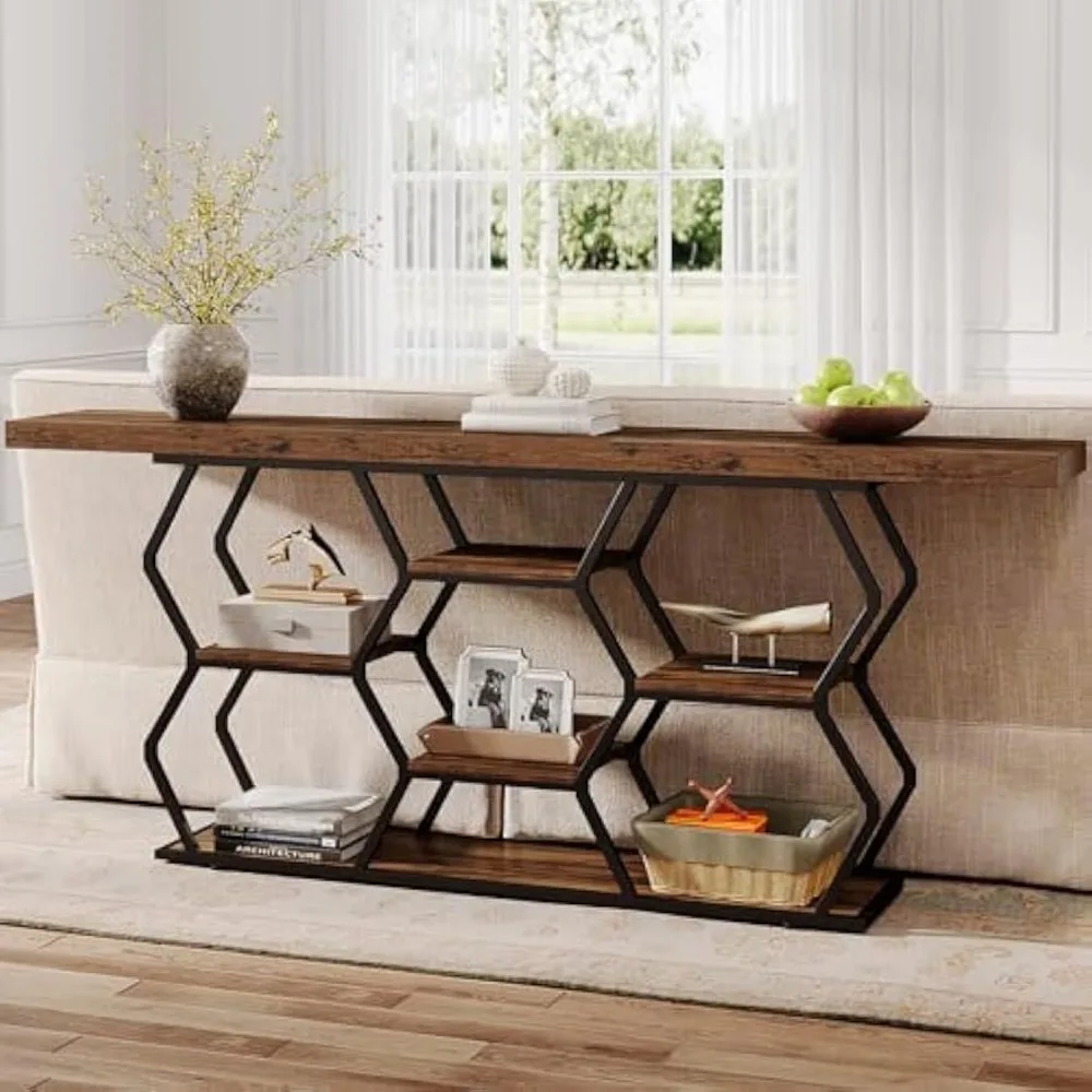 Extra Long Console Table with Shelves, Narrow Sofa Table Behind Couch with Storage, Industrial Entryway Table TV Stand 4