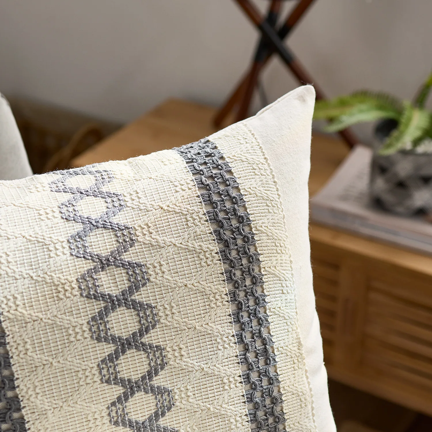 Rustikaler Retro-Quadrat-Boho-Lendenwirbel-Kissenbezug, weiches Leinen, Bauernhaus-Kissenbezüge, neutrales Sofa, Wohnzimmer, Zuhause, dekorativ – Detail 15