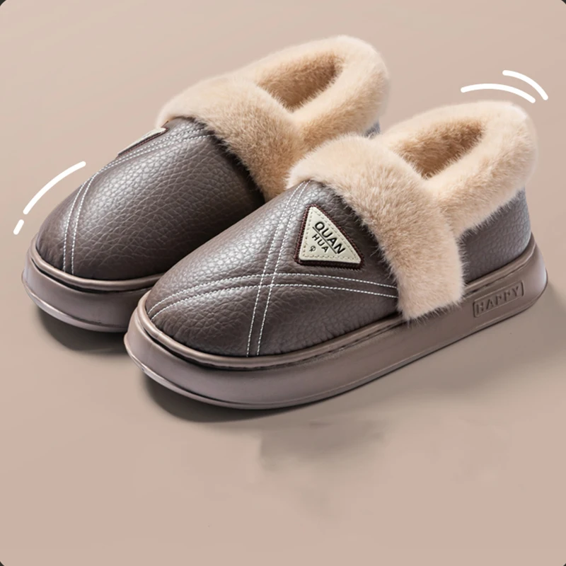 New Waterproof Cotton Slippers Women pu leather non slip winter shoes woman 2025 light thick bottom cotton living room shoes