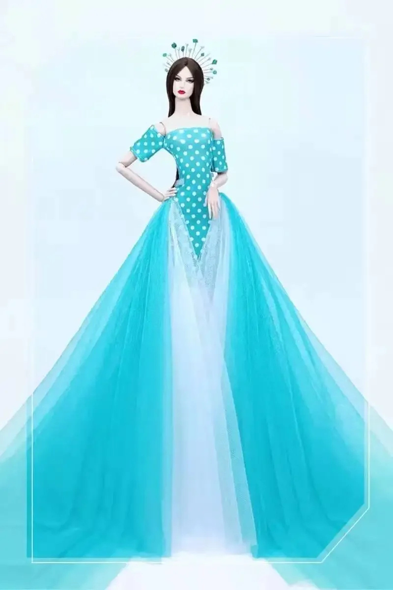 

1/6 BJD Doll Clothes Blue Polka Dotted Mermaid Wedding Dress For Barbie Clothes Dressing Up Outfit Princess Gown 1:6 Accessories