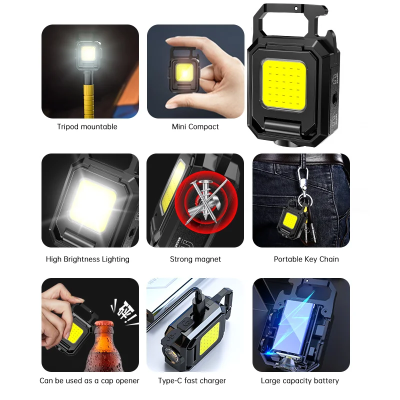 Double-sided COB Lights Mini LED Flashlight Keychain Light USB Rechargeable Work Lights Outdoor Camping Fishing Waterproof Lamp