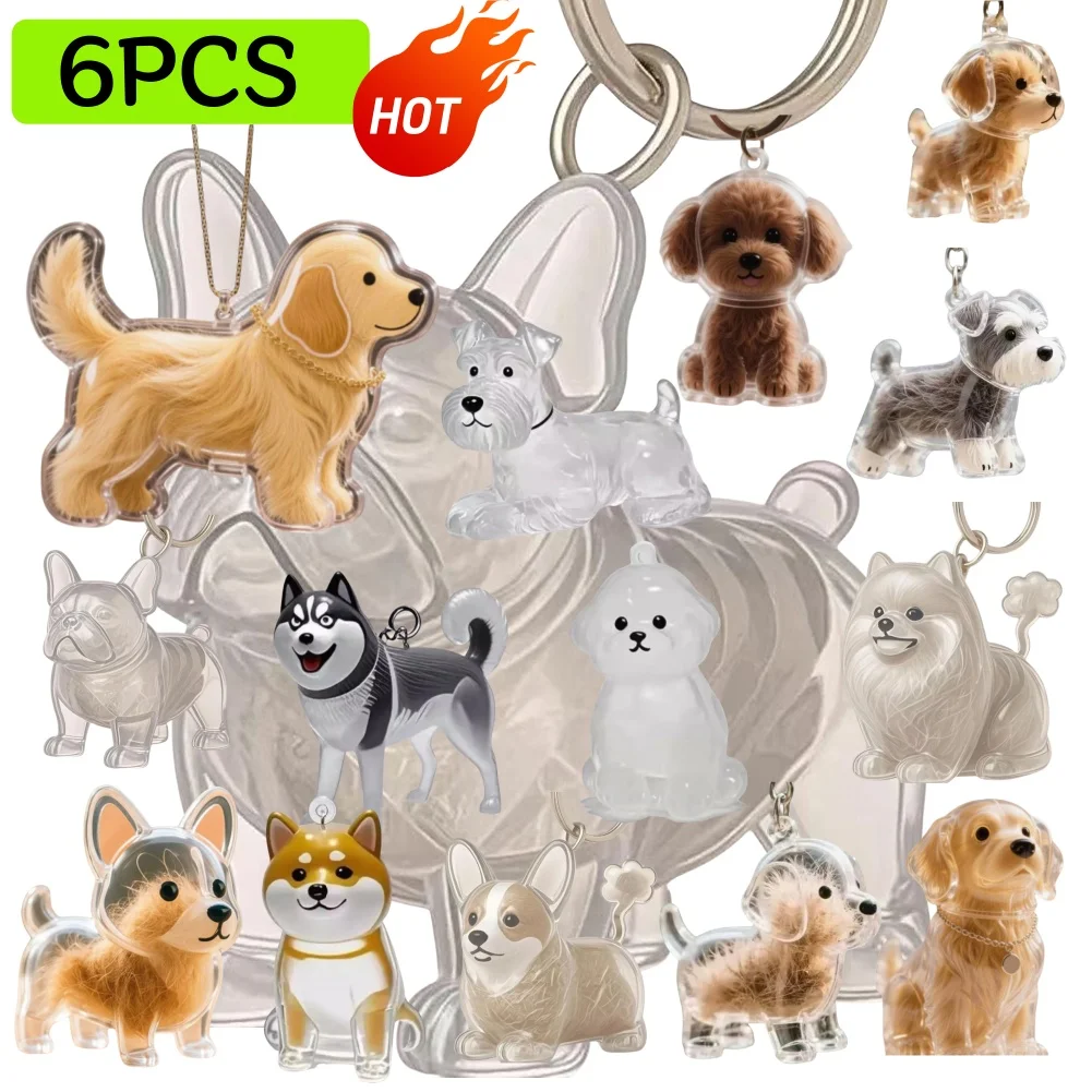 6PCS Available Transparent Fur Storage Dog Keychain Adorable 3D Puppy Hair Box Keyring  Memorial Keepsake Capsule for Friend Bag