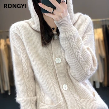 RONGYI 여성용 100% 울 스웨터, 긴팔 후드, 솔리드 포켓, 루즈한 두꺼운 보터밍, 따뜻한 셔츠 상의, 가을 및 겨울