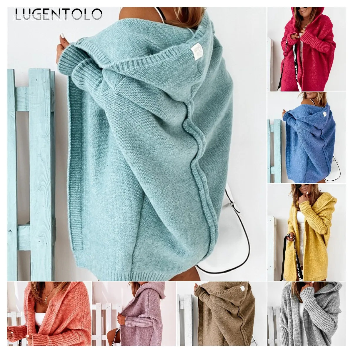 

Women Hooded Sweater Cardigan Fall Fashion Bat-shaped Soft Loose Back Stitching Knitted Sweater Lugentolo