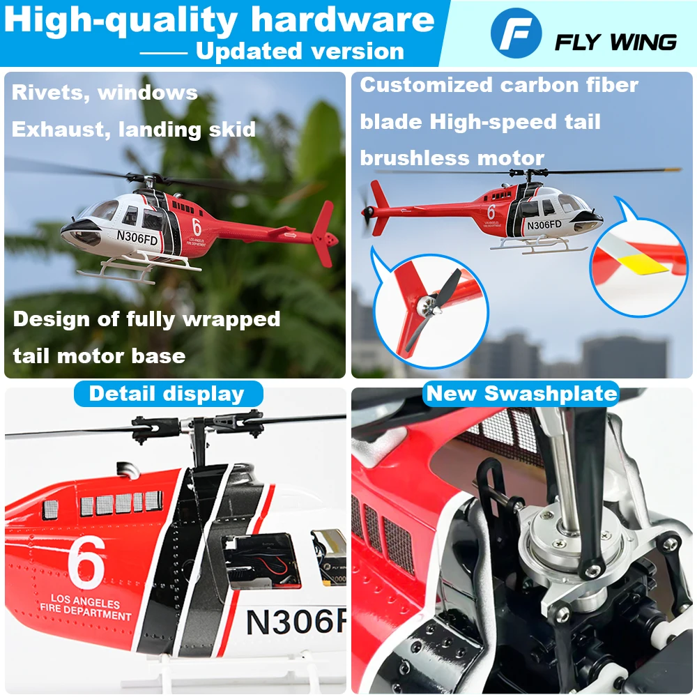 Flywing Bell 206 RC Helicopter V3 6CH GPS Altitude Hold Two Rotor 1:16 RC Scale Helicopter PNP RTF With H1 Flight Control System 3