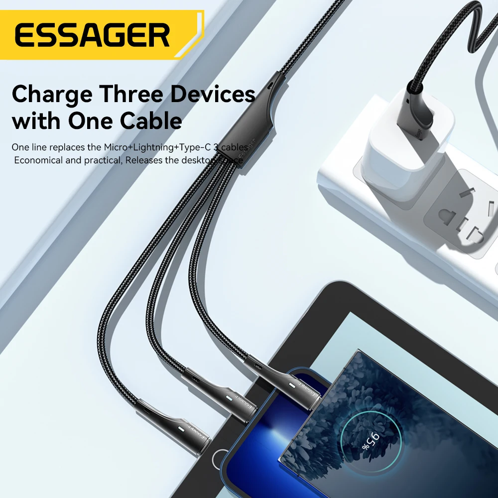 Essager 3 in 1 USB Type C Cable Micro USB Wire Charger For iPhone 14 13 12 X Pro Max Samsung Xiaomi PCPO Mobile Phone Data Cord