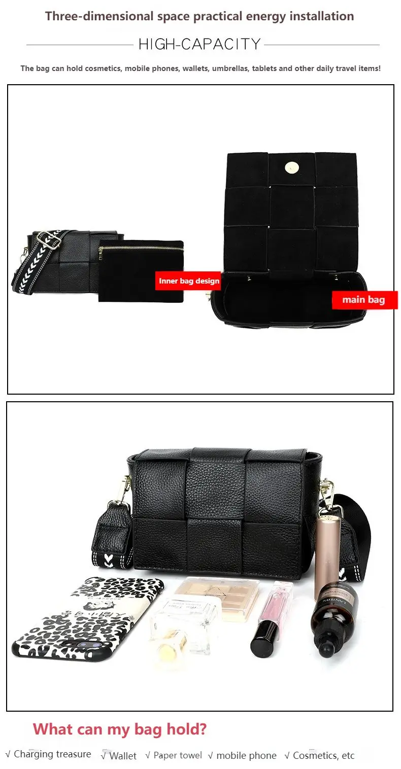 100% Cowhide Women's Shoulder Bags Genuine Leather Woven Crossbody Bags Wide Straps Messenger Bags Fashion Designer Brands Totes