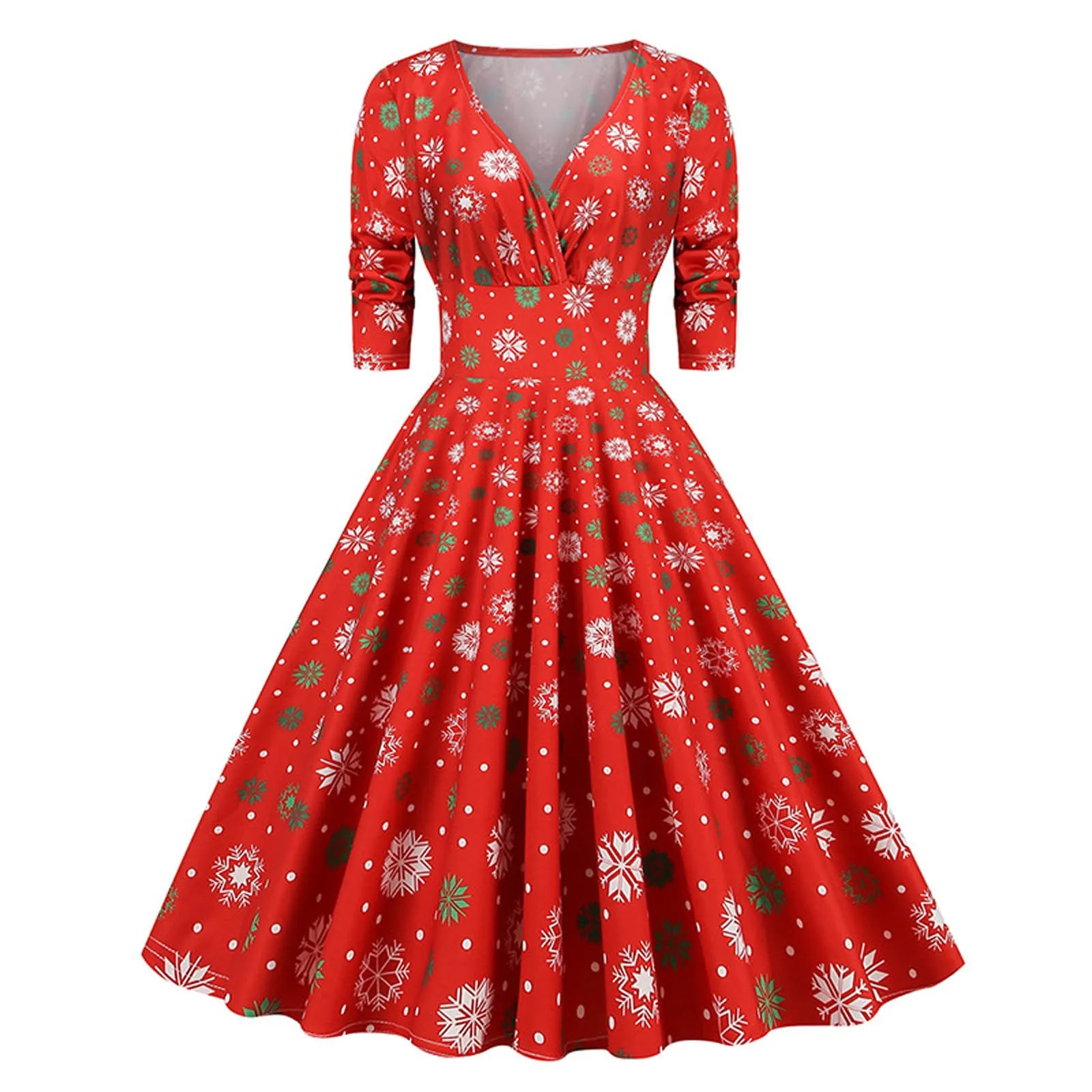 

2023 Women Vintage Deer And Tree Print Christmas Dress Party Evening Winter Women V-Neck High Waist 50s Vintage Swing Dresses