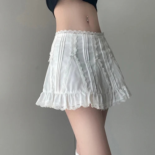 IAMHOTTY 로리타 스타일 레이스 패치워크 보우, 귀여운 A라인 미니 스커트, 페어리코어 미학적 반바지 스커트, 프레피 스타일, 카와이 코케트 3