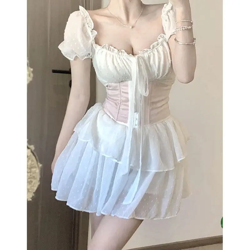 

Spicy Girl Waist Shrinking Skirt, Pure Desire Style, White Dress, Pink Waist, Two Piece Setry, Summer, New