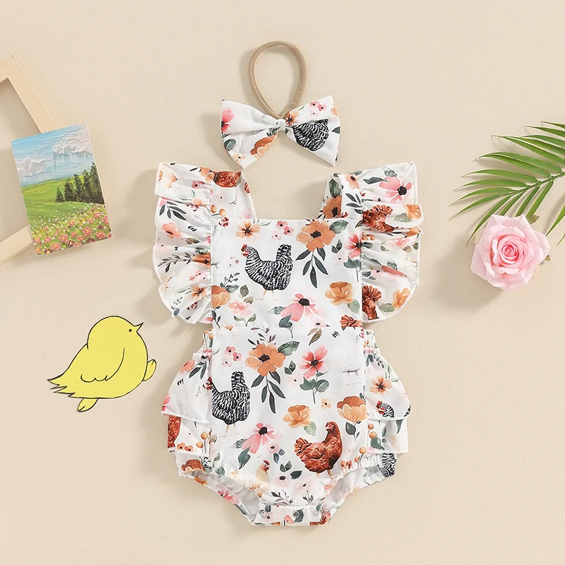 Visgogo-Baby Girl's Floral Print Romper com Headband Set, bodysuits sem mangas Ruffle, roupas de verão, Chick, 2pcs