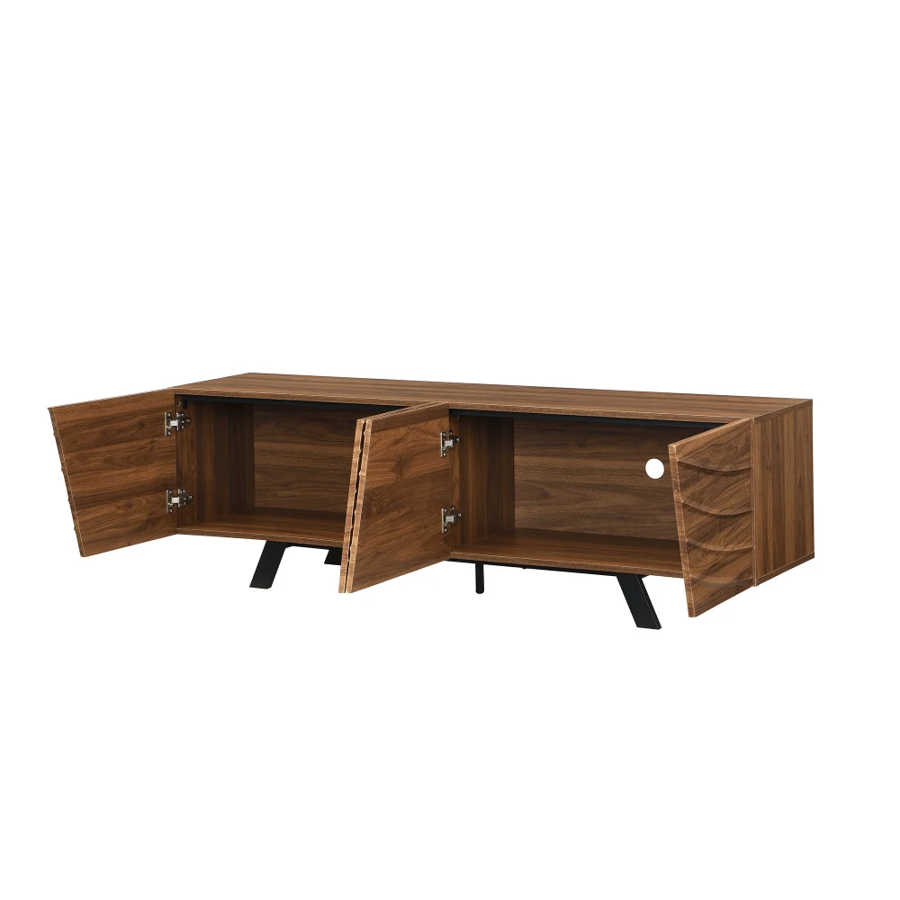 160 x 39 x 50,5 cm großer TV-Schrank mit Wellenfront, Lowboard in Walnuss-Optik mit schwarzen Eisenbeinen, großer Stauraum, Kabelmanagement und Stauraum – Detail 12