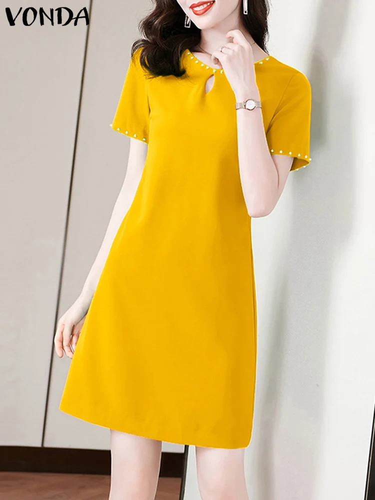 

Women Bohemian Mini Dress 2024 VONDA Summer Short Sleeve Sundress Fashion Beach Party Vestidos Casual Solid Color Robe Femme