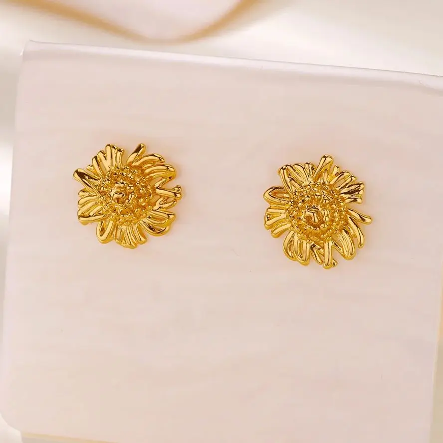 Classic Sunflower Stud Earrings For Women Gold Color Stainless Steel