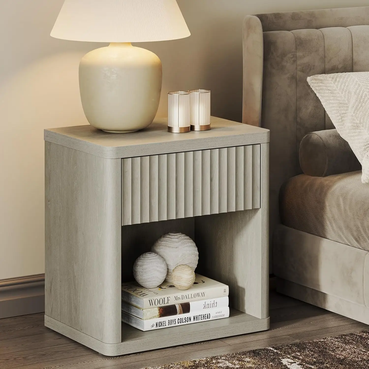 Night Stand Nightstand with Drawer Storage Bed Side Table End Table Large Modern Wood Wide Bedside Stand Mid Century
