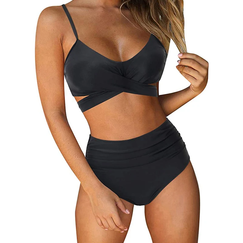 Sexy Cross Strap Bikini Swimwear Women Gathered Push Up Bikini High Waist Slimming Shorts Swimsuit Summer Beach Bathing Suit Set