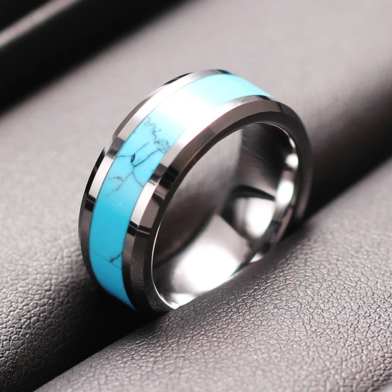 

High Quality Natural Blue Turquoises Wedding Rings for Men and Women 8mm Wedding Band Fashion Jewelry Finger Ring Male