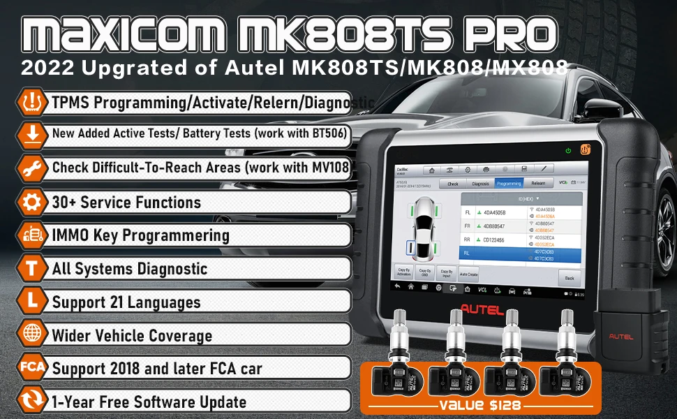 Autel MaxiCOM MK808TS PRO OBD2 Car Diagnostic Scan Tool,Active Test,Full TPMS Services,Autel MK808TS + 4PCS 2-in-1 MX-Sensors auto battery charger