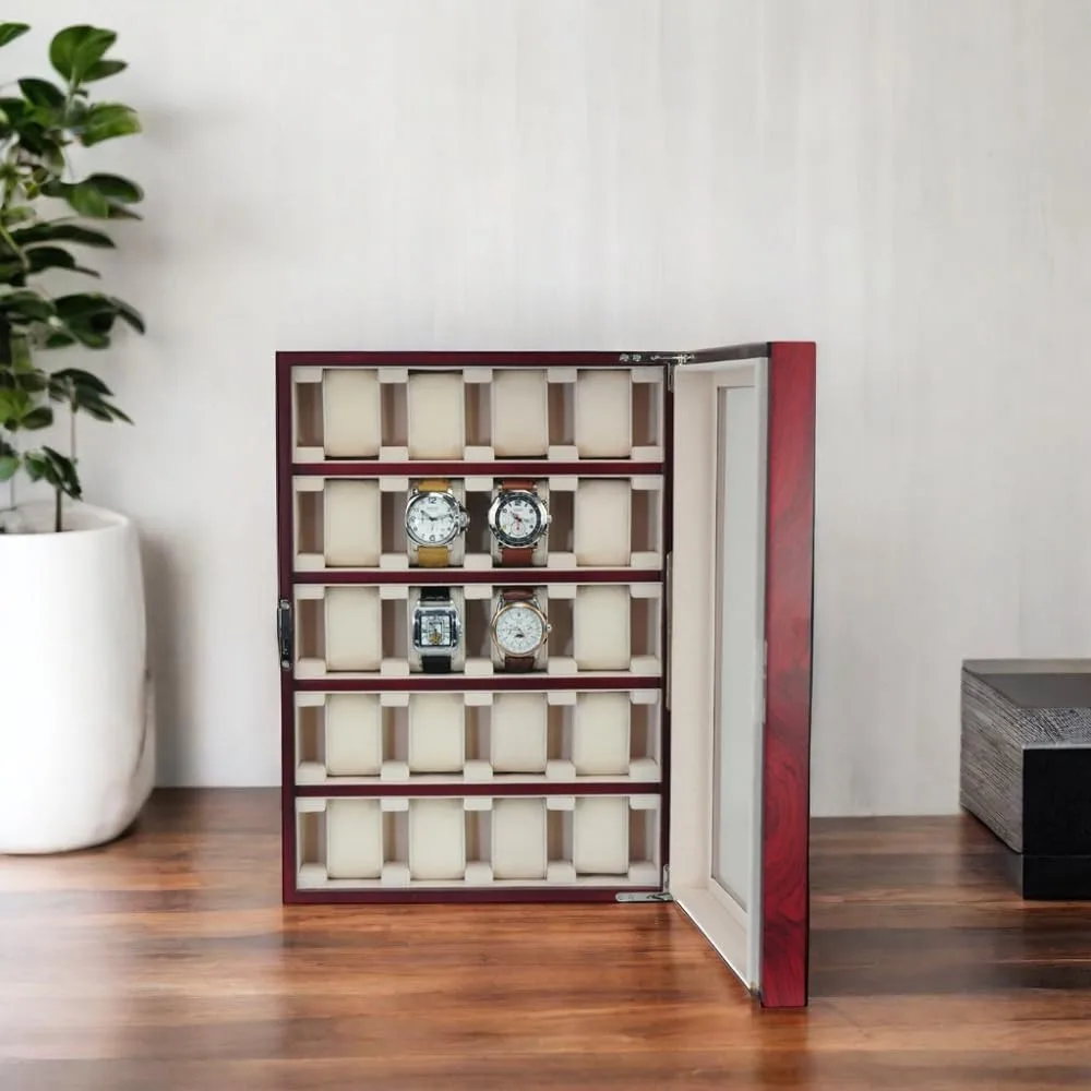 20 piece cherry wood watch display wall hanging case and storage organizer box and stand for oversized watches