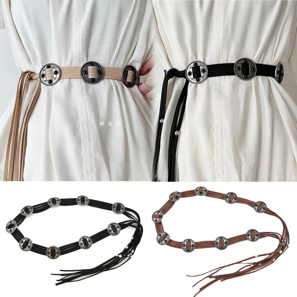 

Jeans Dress Skirt Decorative Waistband Metal Round Piece Inlaid Waist Chain Woven Tassel Self-tie Strap Aesthetic Waist Chains