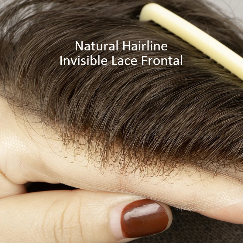 Parrucchino da uomo con pizzo frontale, in capelli umani, con nodi sbiancati, in pizzo PU, capelli indiani veri, per sostituzione, colore marrone naturale - immagine 4