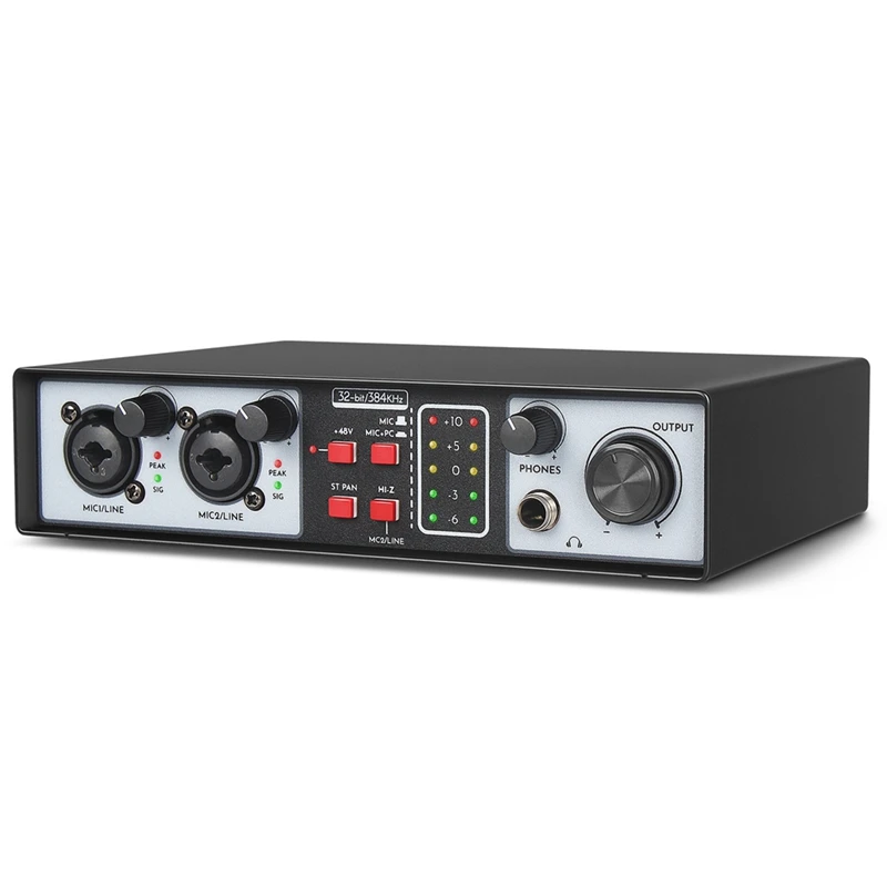 

2 In 2 Out USB Audio Interface 32Bit/384KHZ Studio Parts Recording Sound Card 48V Phantom