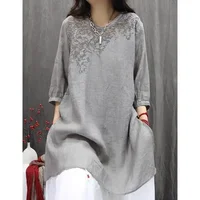 Retro Embroidered Loose Slimming Casual Artistic Long T-Shirt Women's National Style Spring Summer New Arrival Cotton Crew Neck