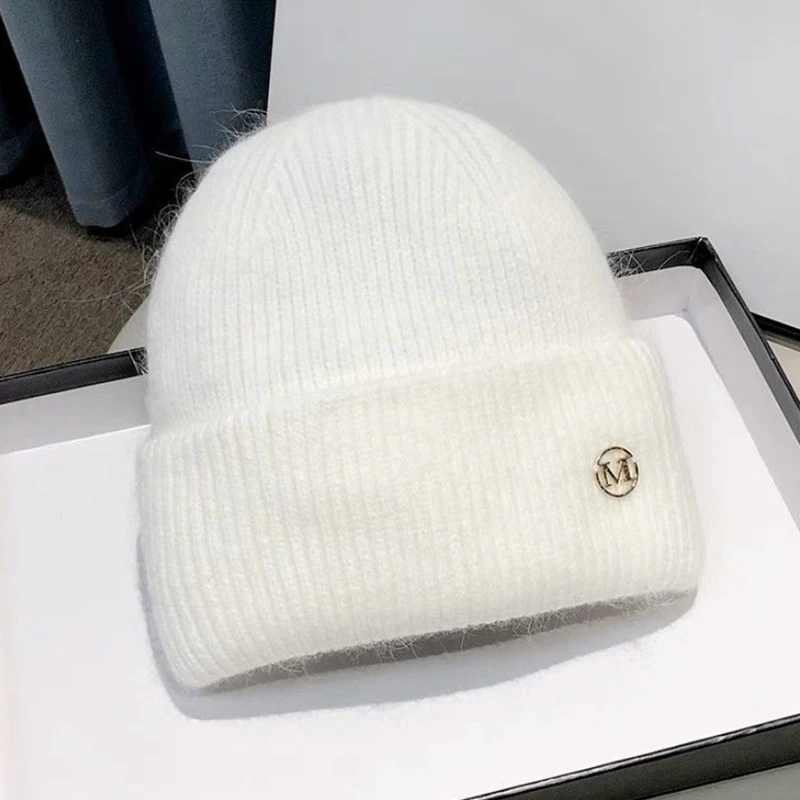 Žieminė triušio kailio šilta megzta kepurė su pūkuota M raidės formos kepure moterims, minkšta ausų apsauga, universali elastinga moteriška kepuraitė_voghion.com