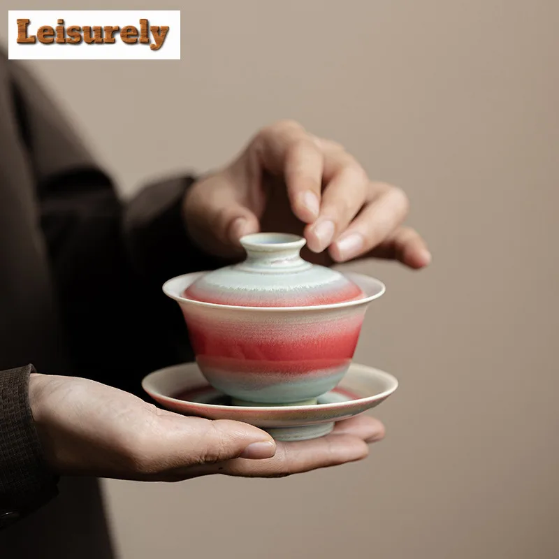 150ml Aurora Kiln Change Gaiwan Creative Red Green Glaze Sopera Cup Saucer Tea Tureen Tea Brewing Cover Bowl Cha Supplies Craft