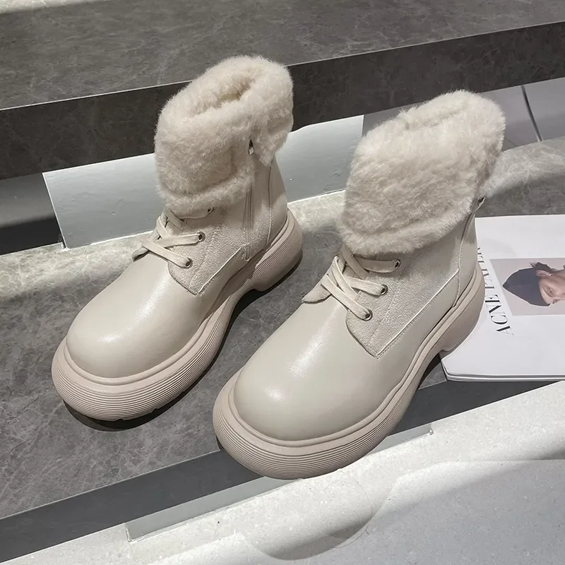 

Ботильоны женские зимние на толстой подошве, плюшевые теплые короткие сапоги с мехом, каблук 4 см, в стиле ретро, черные бежевые