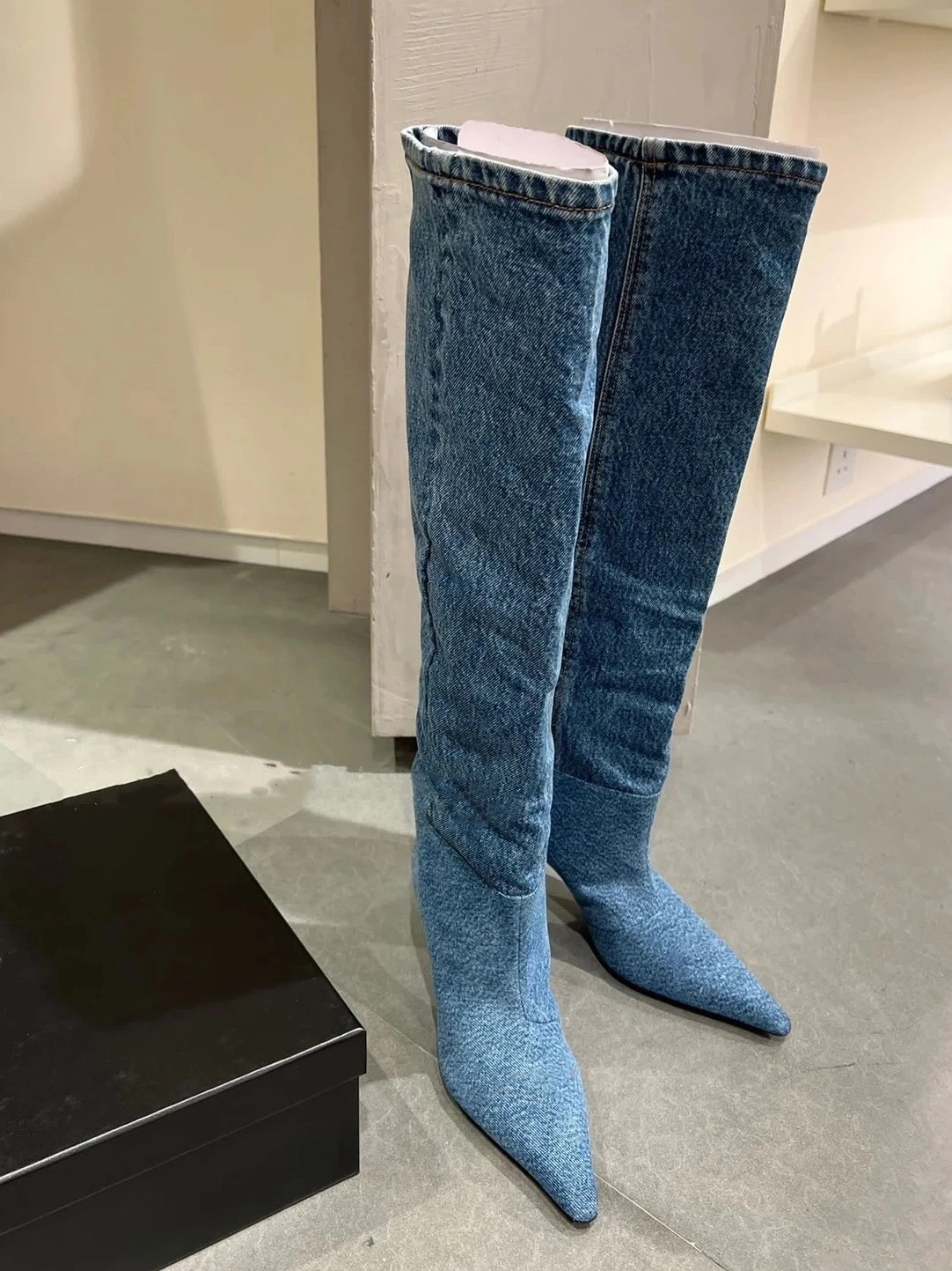 

New Blue Denim Knee High Boots Pointed Toe Stiletto High Heels Slip-On Women's Autumn Winter Shoes Loose Comfort Footwear