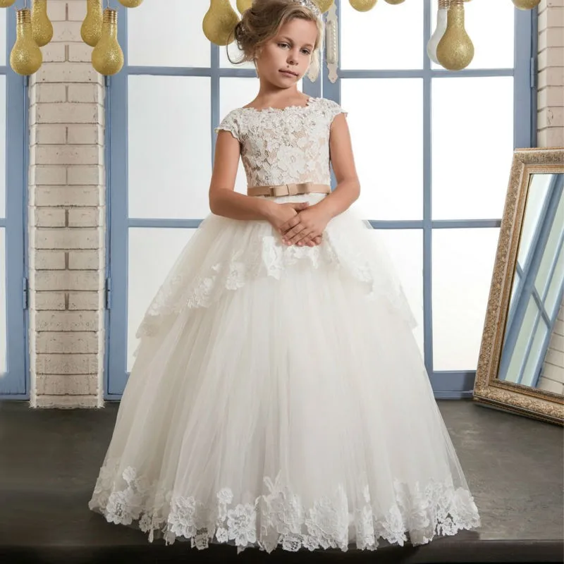 

Flower Girl Dresses Tulle Puffy Appliques Lace With Bow Sleeveless For Weddings Birthday Party Pageant First Communion Gowns