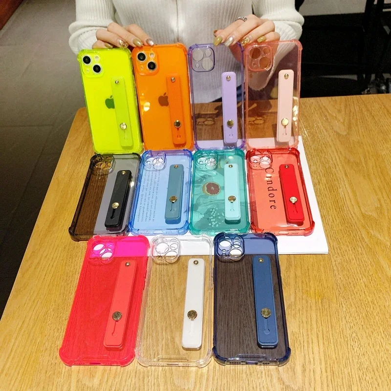 Soft Transparent Wrist Strap Phone Case with Kickstand and Bumper Cover