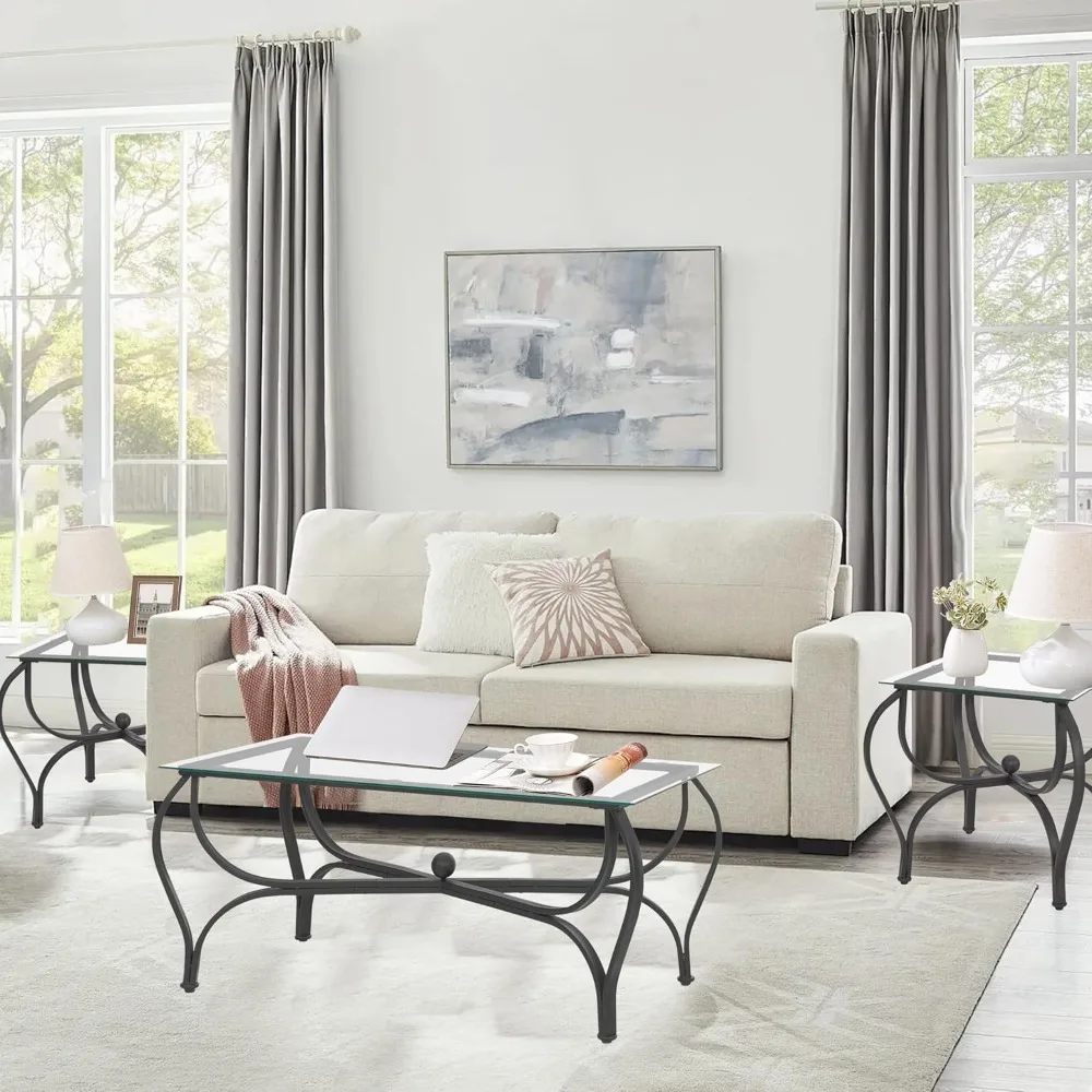 3-Piece Coffee Table Set, Tempered Glass Surface Living Room Sets, Coffee Table & 2 End Side Table, Metal Frame for Living Room 4