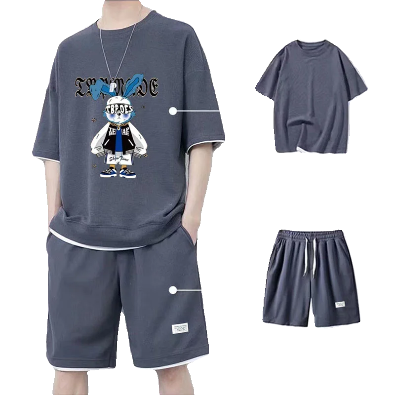 큰 사이즈 남성 캐주얼 스포츠웨어 세트 반팔 티셔츠 및 러닝 반바지 5부 폴리에스터 섬유 여름 패션