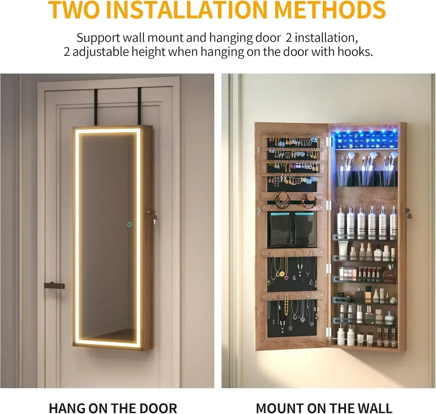 hot-Jewelry Mirror Cabinet, Wall/Door Mounted Full Length Mirror with Lights, Lockable Jewelry Storage Armoire Organizer